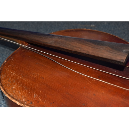 838 - A CELLO AND HORSE HAIR BOW, both by unknown maker (2) (Condition report: both are in need of restora... 