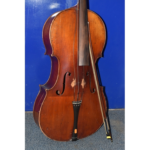 838 - A CELLO AND HORSE HAIR BOW, both by unknown maker (2) (Condition report: both are in need of restora... 