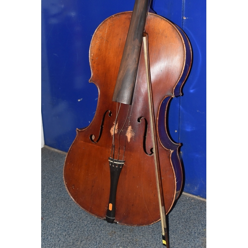 838 - A CELLO AND HORSE HAIR BOW, both by unknown maker (2) (Condition report: both are in need of restora... 