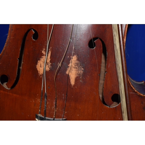 838 - A CELLO AND HORSE HAIR BOW, both by unknown maker (2) (Condition report: both are in need of restora... 