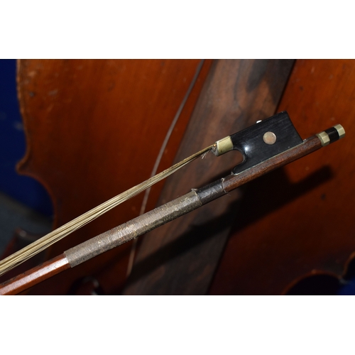 838 - A CELLO AND HORSE HAIR BOW, both by unknown maker (2) (Condition report: both are in need of restora... 