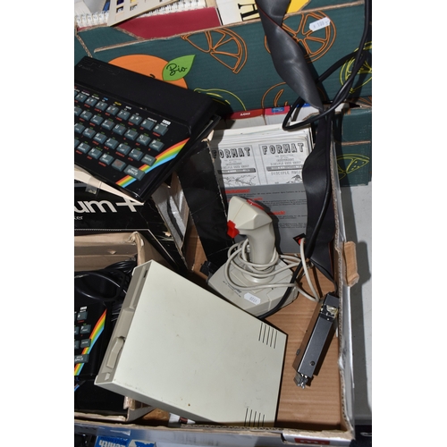 840 - THREE BOXES AND LOOSE OF VINTAGE COMPUTING EQUIPMENT to include two boxed ZX Spectrums and a boxed Z... 