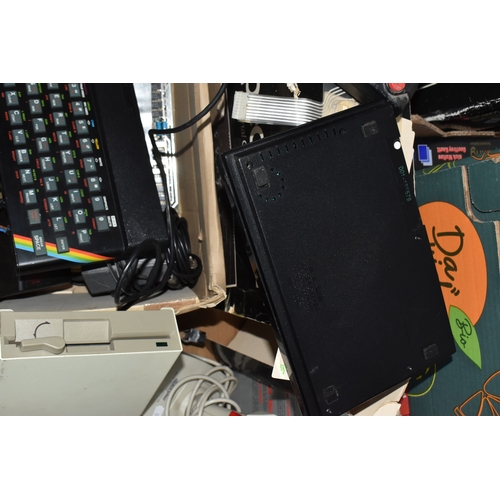 840 - THREE BOXES AND LOOSE OF VINTAGE COMPUTING EQUIPMENT to include two boxed ZX Spectrums and a boxed Z... 
