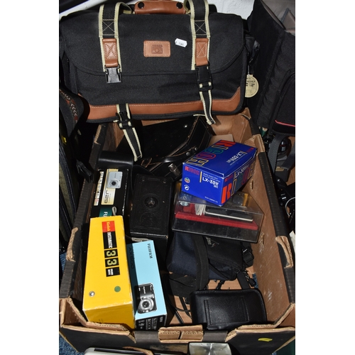842 - THREE BOXES AND LOOSE OF VINTAGE CAMERA EQUIPMENT to include a Kodak EK-160 EF Instant Camera, Splas... 