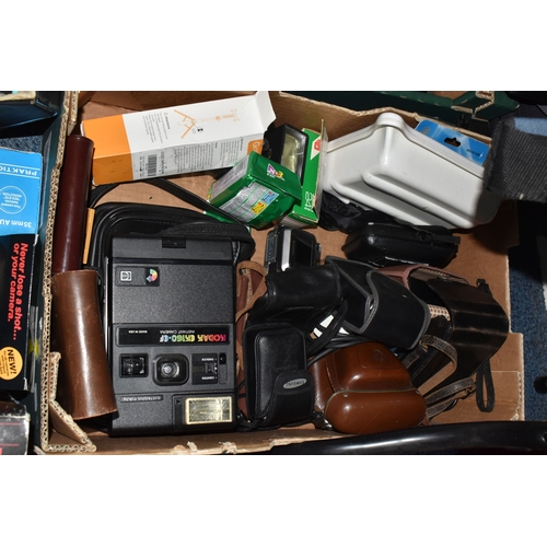 842 - THREE BOXES AND LOOSE OF VINTAGE CAMERA EQUIPMENT to include a Kodak EK-160 EF Instant Camera, Splas... 