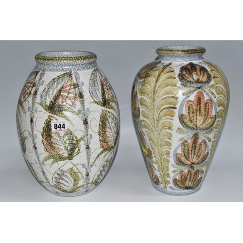 844 - TWO LARGE ATTRACTIVE MID 20TH CENTURY DENBY STONEWARE VASES, the first is decorated with hand decora... 