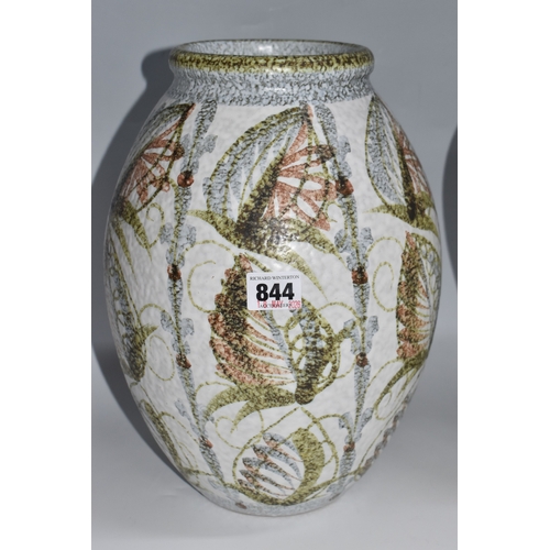 844 - TWO LARGE ATTRACTIVE MID 20TH CENTURY DENBY STONEWARE VASES, the first is decorated with hand decora... 
