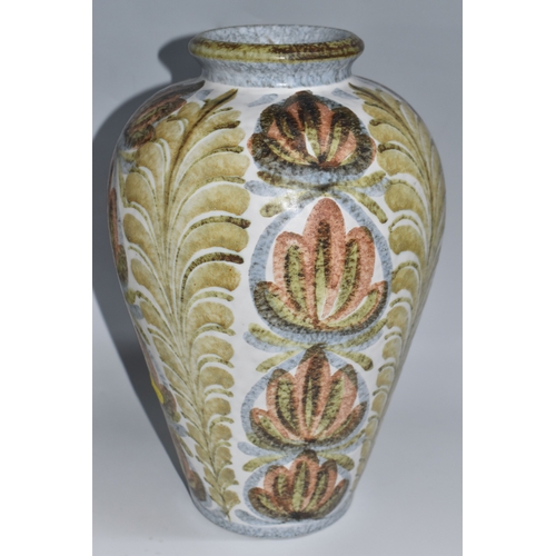 844 - TWO LARGE ATTRACTIVE MID 20TH CENTURY DENBY STONEWARE VASES, the first is decorated with hand decora... 