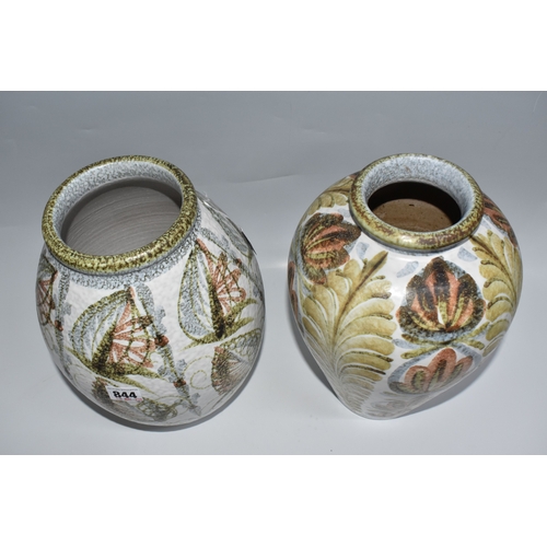 844 - TWO LARGE ATTRACTIVE MID 20TH CENTURY DENBY STONEWARE VASES, the first is decorated with hand decora... 