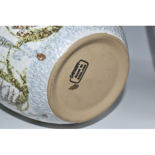 844 - TWO LARGE ATTRACTIVE MID 20TH CENTURY DENBY STONEWARE VASES, the first is decorated with hand decora... 