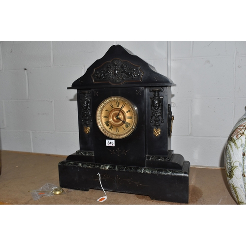 845 - A LARGE IMPRESSIVE ANTIQUE SLATE MANTEL CLOCK BY  THE ANSONIA CLOCK CO, NEW YORK with gold coloured ... 