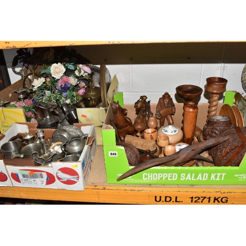 849 - THREE BOXES OF TREEN AND DECORATIVE METAL ITEMS to include one box containing 2 barley twist candle ... 