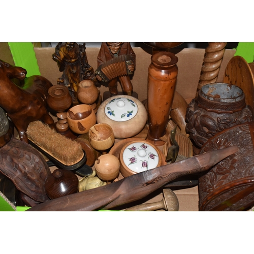 849 - THREE BOXES OF TREEN AND DECORATIVE METAL ITEMS to include one box containing 2 barley twist candle ... 