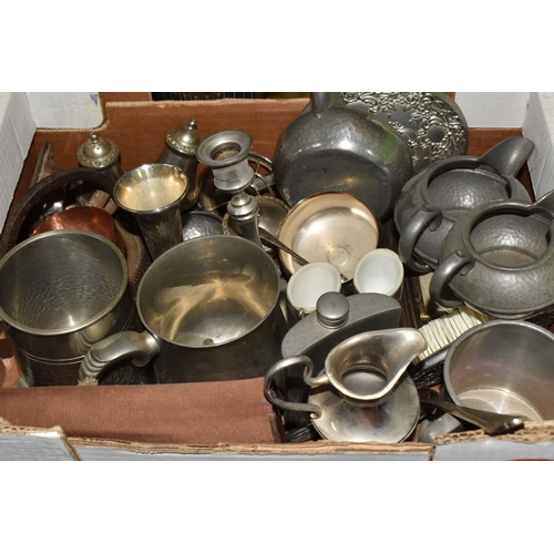 849 - THREE BOXES OF TREEN AND DECORATIVE METAL ITEMS to include one box containing 2 barley twist candle ... 