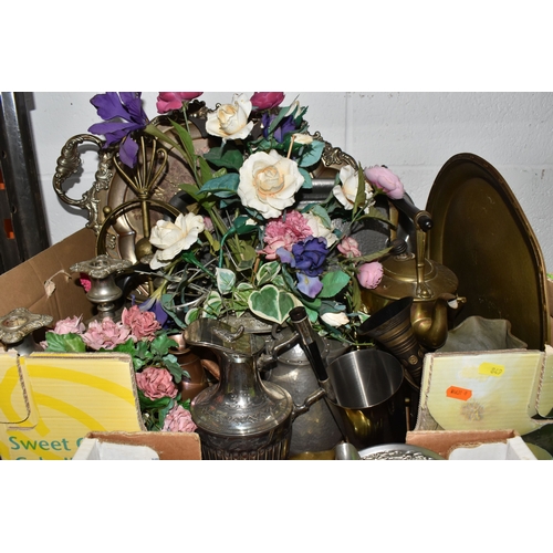 849 - THREE BOXES OF TREEN AND DECORATIVE METAL ITEMS to include one box containing 2 barley twist candle ... 