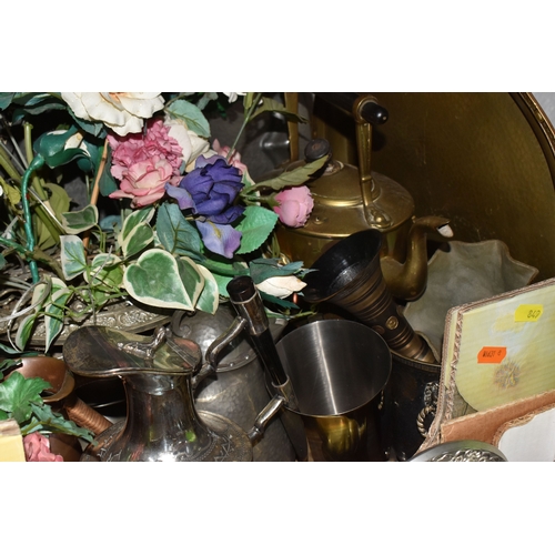 849 - THREE BOXES OF TREEN AND DECORATIVE METAL ITEMS to include one box containing 2 barley twist candle ... 