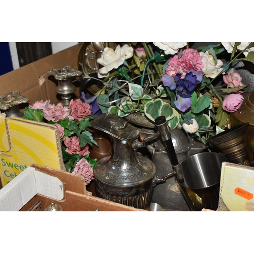 849 - THREE BOXES OF TREEN AND DECORATIVE METAL ITEMS to include one box containing 2 barley twist candle ... 