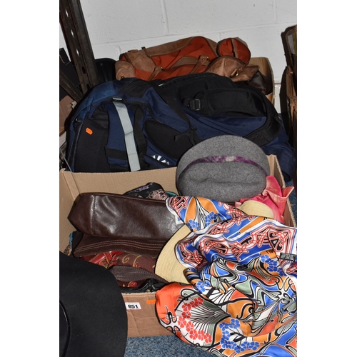 851 - TWO BOXES AND LOOSE OF LADIES' CLOTHING ACCESSORIES, FOOTWEAR AND BAGS  to include a Liberty's silk ... 