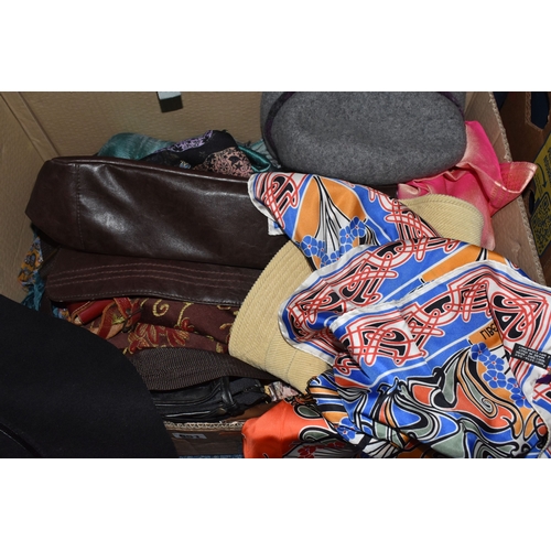 851 - TWO BOXES AND LOOSE OF LADIES' CLOTHING ACCESSORIES, FOOTWEAR AND BAGS  to include a Liberty's silk ... 