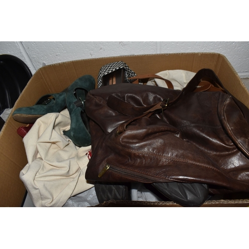 851 - TWO BOXES AND LOOSE OF LADIES' CLOTHING ACCESSORIES, FOOTWEAR AND BAGS  to include a Liberty's silk ... 