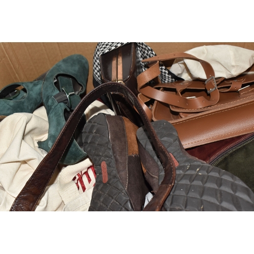 851 - TWO BOXES AND LOOSE OF LADIES' CLOTHING ACCESSORIES, FOOTWEAR AND BAGS  to include a Liberty's silk ... 