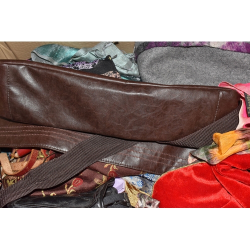 851 - TWO BOXES AND LOOSE OF LADIES' CLOTHING ACCESSORIES, FOOTWEAR AND BAGS  to include a Liberty's silk ... 