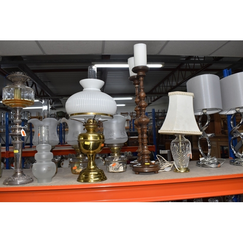 852 - A GROUP OF LIGHTING RELATED ITEMS to include a pair of modern chromed table lamps with grey shades a... 