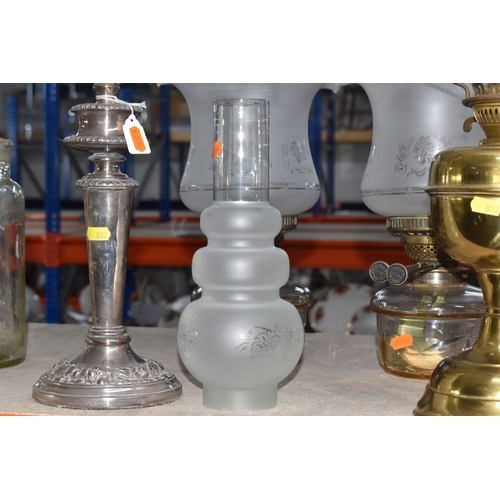852 - A GROUP OF LIGHTING RELATED ITEMS to include a pair of modern chromed table lamps with grey shades a... 