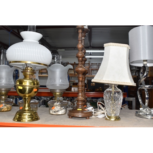 852 - A GROUP OF LIGHTING RELATED ITEMS to include a pair of modern chromed table lamps with grey shades a... 