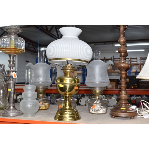 852 - A GROUP OF LIGHTING RELATED ITEMS to include a pair of modern chromed table lamps with grey shades a... 