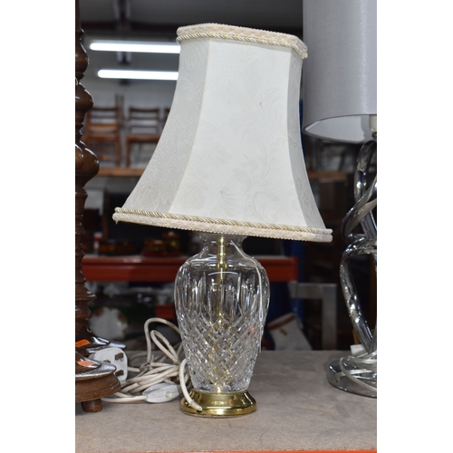852 - A GROUP OF LIGHTING RELATED ITEMS to include a pair of modern chromed table lamps with grey shades a... 
