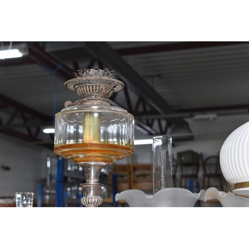 852 - A GROUP OF LIGHTING RELATED ITEMS to include a pair of modern chromed table lamps with grey shades a... 