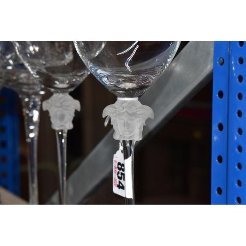 854 - A LARGE GROUP OF CRYSTAL AND GLASS DRINKING VESSELS to include two long stemmed Versace wine glasses... 