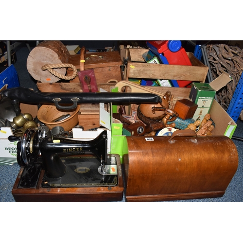 858 - THREE BOXES AND LOOSE MOSTLY DECORATIVE TREEN AND METALWARE, to include an acoustic Hohner model MC-... 