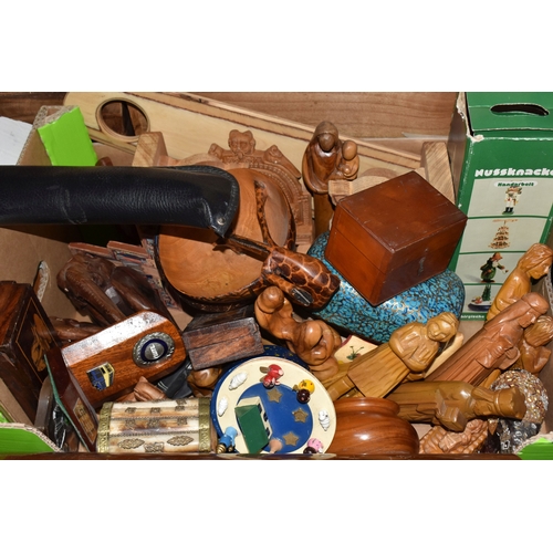 858 - THREE BOXES AND LOOSE MOSTLY DECORATIVE TREEN AND METALWARE, to include an acoustic Hohner model MC-... 
