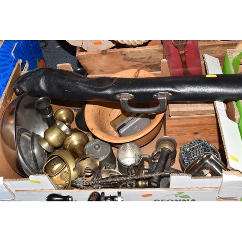 858 - THREE BOXES AND LOOSE MOSTLY DECORATIVE TREEN AND METALWARE, to include an acoustic Hohner model MC-... 