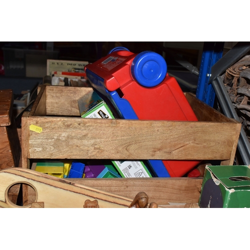 858 - THREE BOXES AND LOOSE MOSTLY DECORATIVE TREEN AND METALWARE, to include an acoustic Hohner model MC-... 