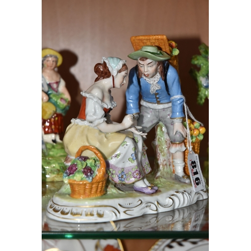 816 - A GROUP OF MAINLY CONTINENTAL FIGURES AND A FIGURE GROUP, comprising a Sitzendorf figure group of tw... 