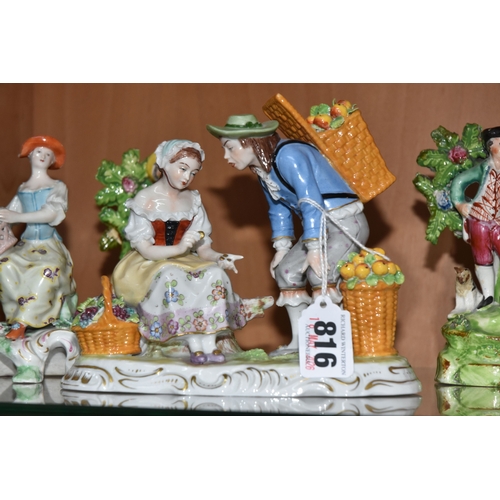 816 - A GROUP OF MAINLY CONTINENTAL FIGURES AND A FIGURE GROUP, comprising a Sitzendorf figure group of tw... 