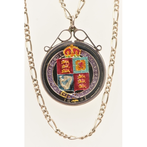 466 - AN 1887 SHILLING PENDANT, enamelled pendant in a white metal mount, suspended from a white metal fig... 
