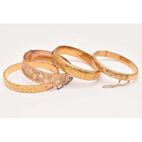 467 - FOUR ROLLED GOLD HINGED BANGLES, assorted widths, scrolling acanthus and floral detail, (condition r... 
