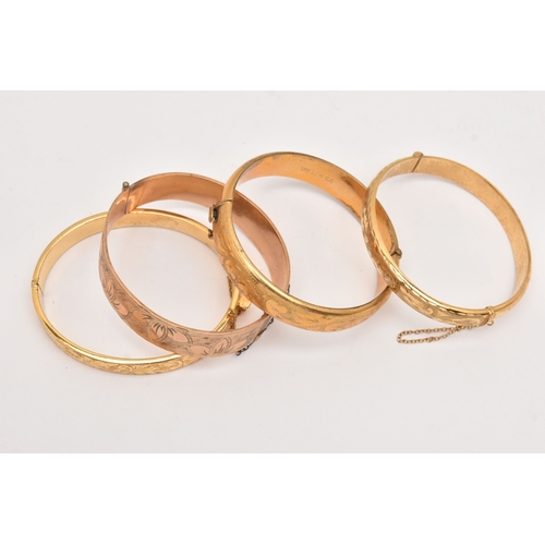 467 - FOUR ROLLED GOLD HINGED BANGLES, assorted widths, scrolling acanthus and floral detail, (condition r... 