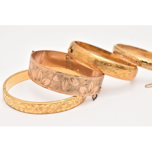 467 - FOUR ROLLED GOLD HINGED BANGLES, assorted widths, scrolling acanthus and floral detail, (condition r... 