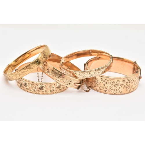 468 - FIVE 9CT METAL CORE BANGLES, assorted widths, all with scrolling acanthus detail, (condition report:... 