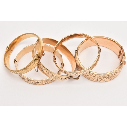 468 - FIVE 9CT METAL CORE BANGLES, assorted widths, all with scrolling acanthus detail, (condition report:... 