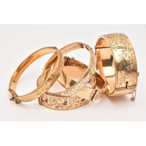 468 - FIVE 9CT METAL CORE BANGLES, assorted widths, all with scrolling acanthus detail, (condition report:... 