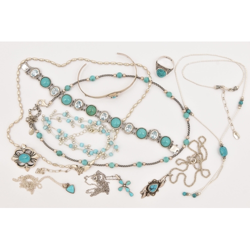 469 - ASSORTED WHITE METAL JEWELLERY, to include seven necklaces, a bracelet, a bangle and a ring, most se... 