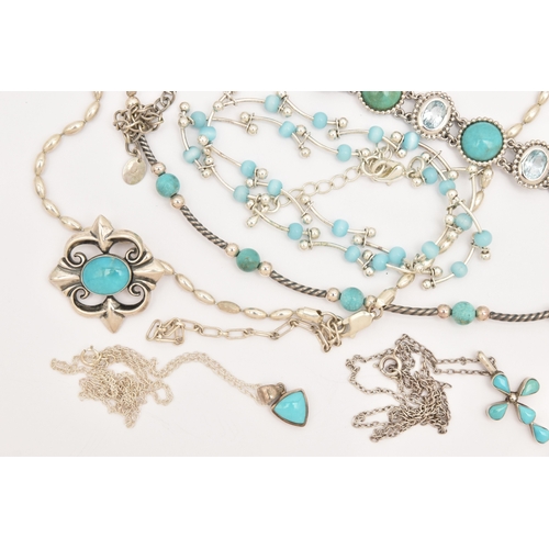 469 - ASSORTED WHITE METAL JEWELLERY, to include seven necklaces, a bracelet, a bangle and a ring, most se... 