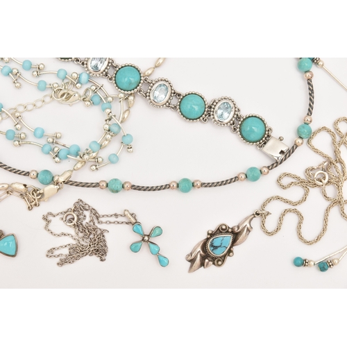 469 - ASSORTED WHITE METAL JEWELLERY, to include seven necklaces, a bracelet, a bangle and a ring, most se... 