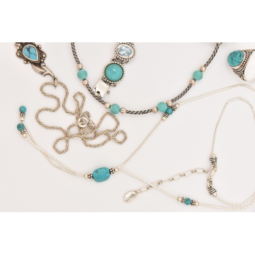 469 - ASSORTED WHITE METAL JEWELLERY, to include seven necklaces, a bracelet, a bangle and a ring, most se... 